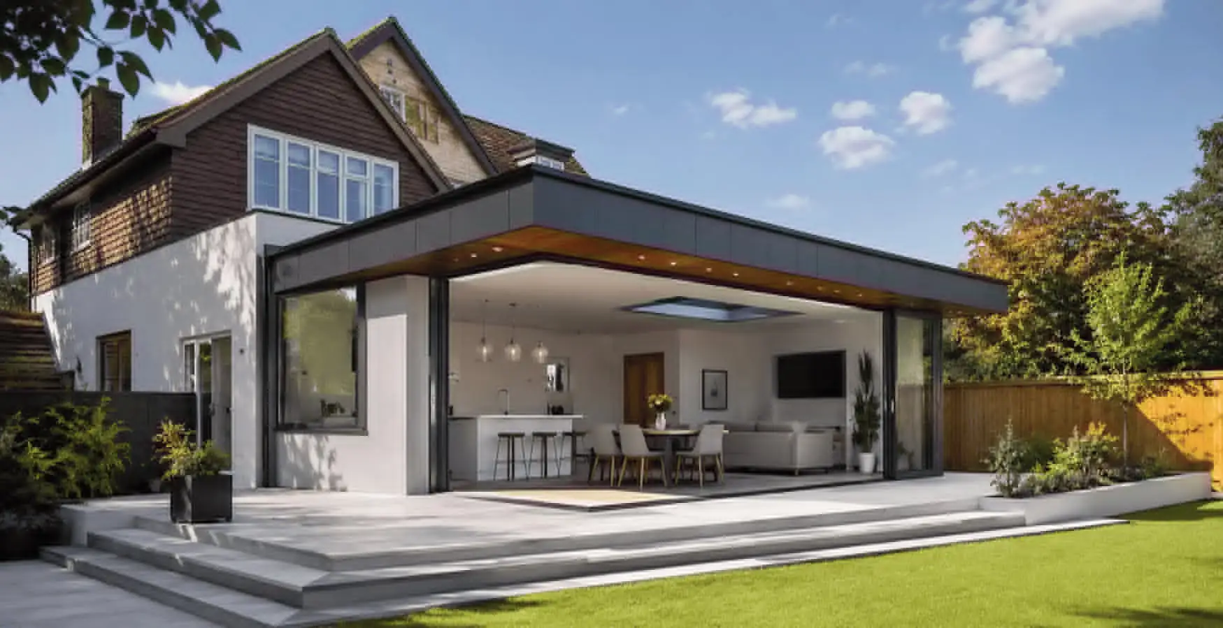 Modern flat-roofed glass extension opening onto a lawn